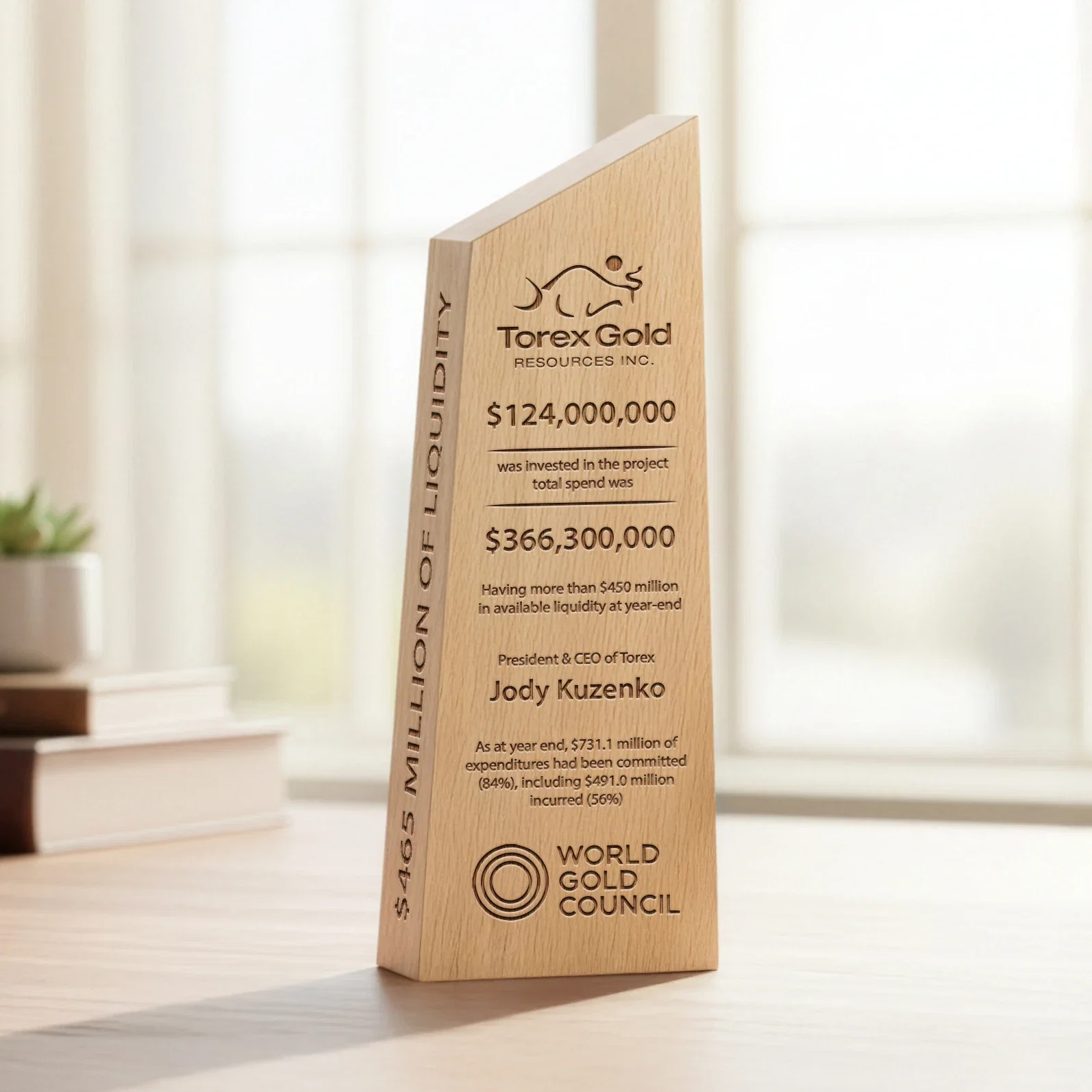 Custom Thick Freestanding Beechwood Award with Slanted Peak Top for donor appreciation