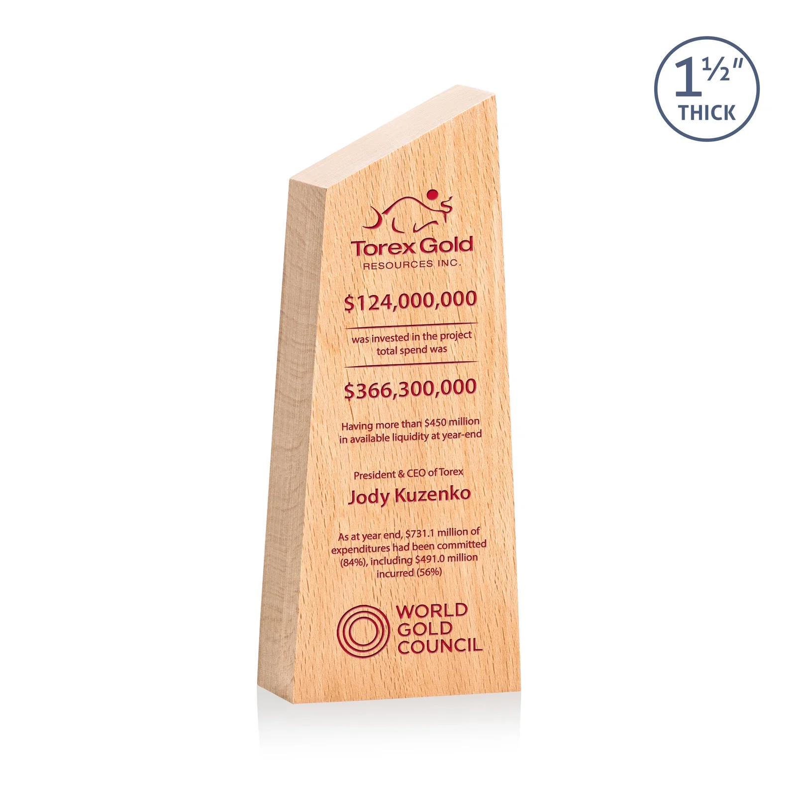 Custom Thick Freestanding Beechwood Award with Slanted Peak Top for safety achievement programs