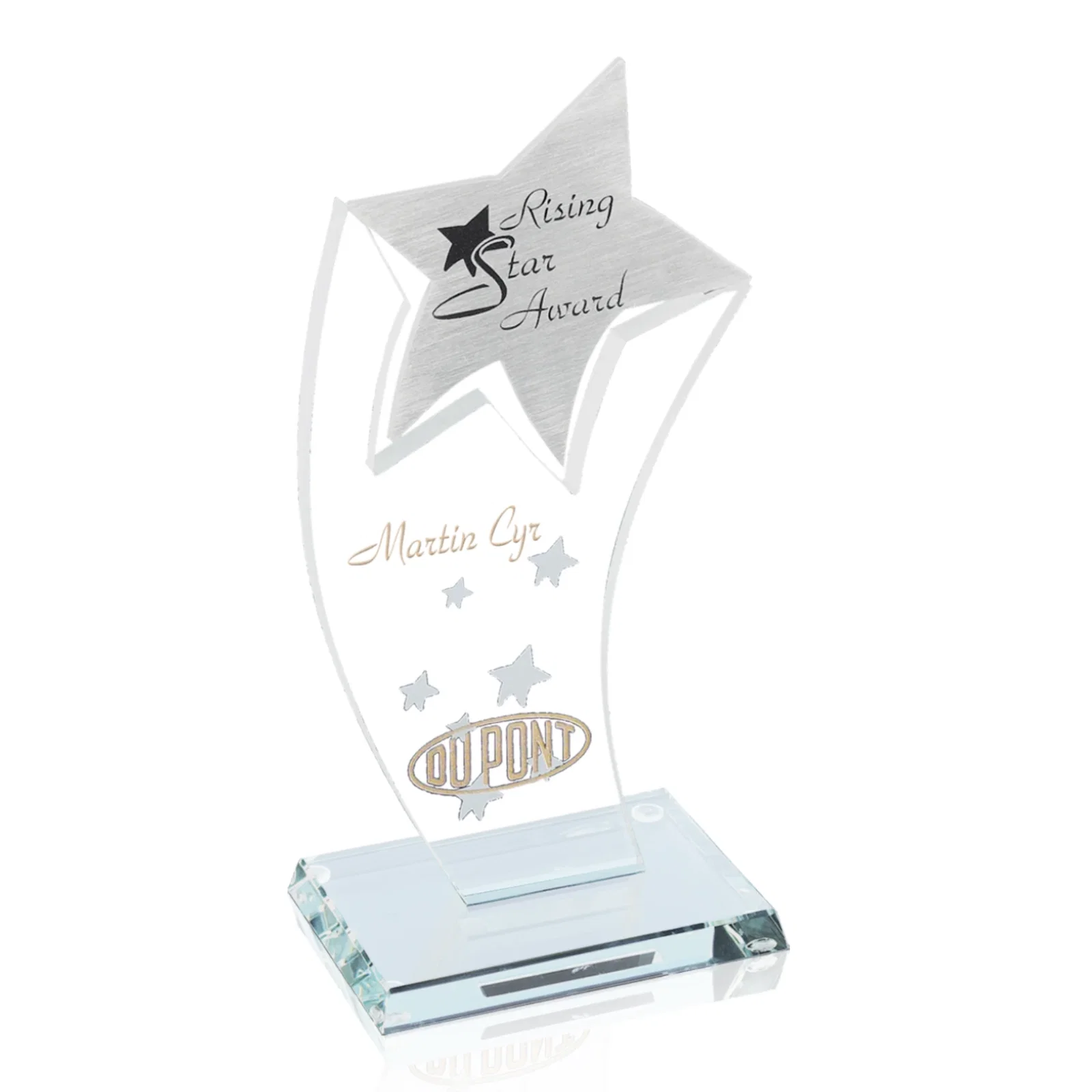 Custom Aluminum Shooting Star Award on Aquashaped Starfire Crystal for employee recognition