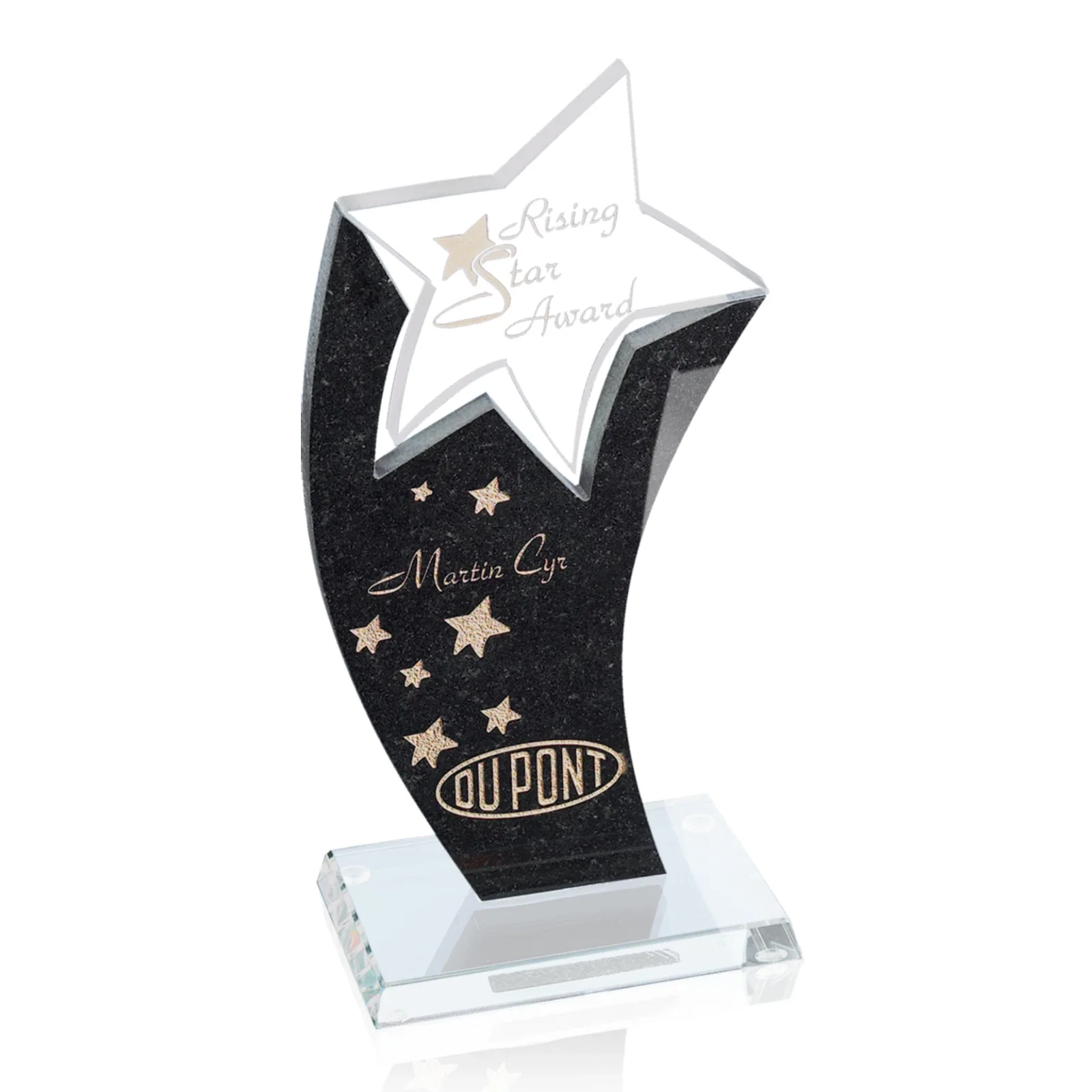 Custom Starfire Crystal Shooting Star Award on Black Granite for employee recognition