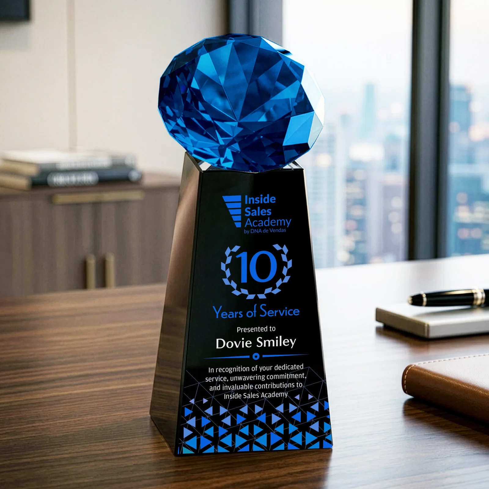 Personalized Optical Crystal Gemstone Award with Ten Accent Color Choices, with your logo for team milestone celebrations