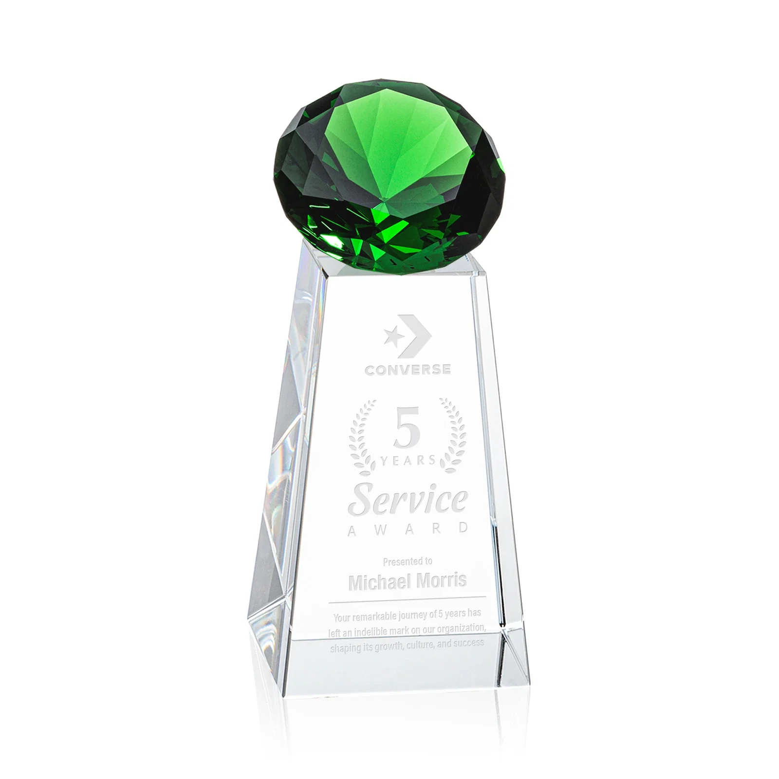 Personalized Optical Crystal Gemstone Award with Ten Accent Color Choices for employee recognition