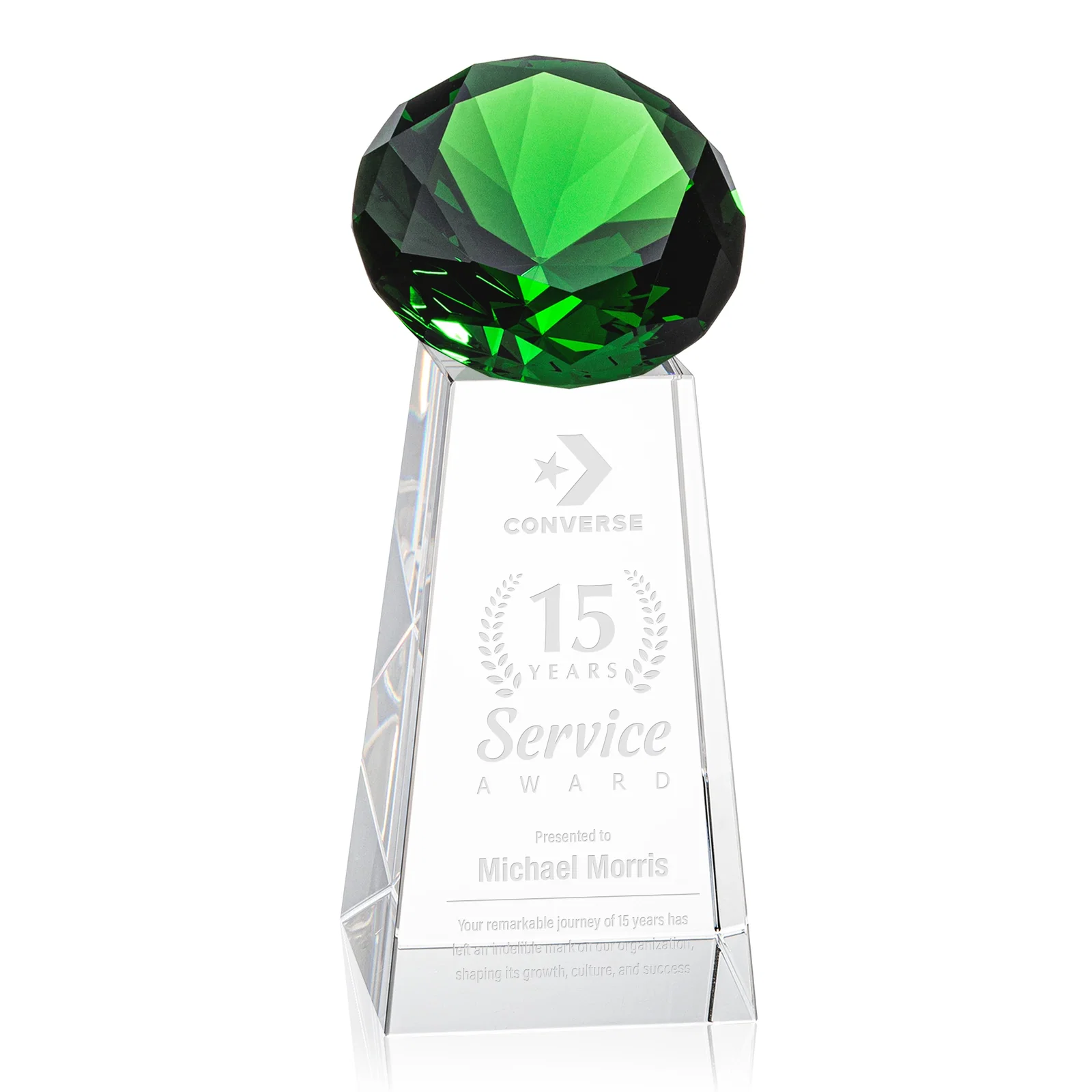 Personalized Optical Crystal Gemstone Award with Ten Accent Color Choices for service anniversary gifts