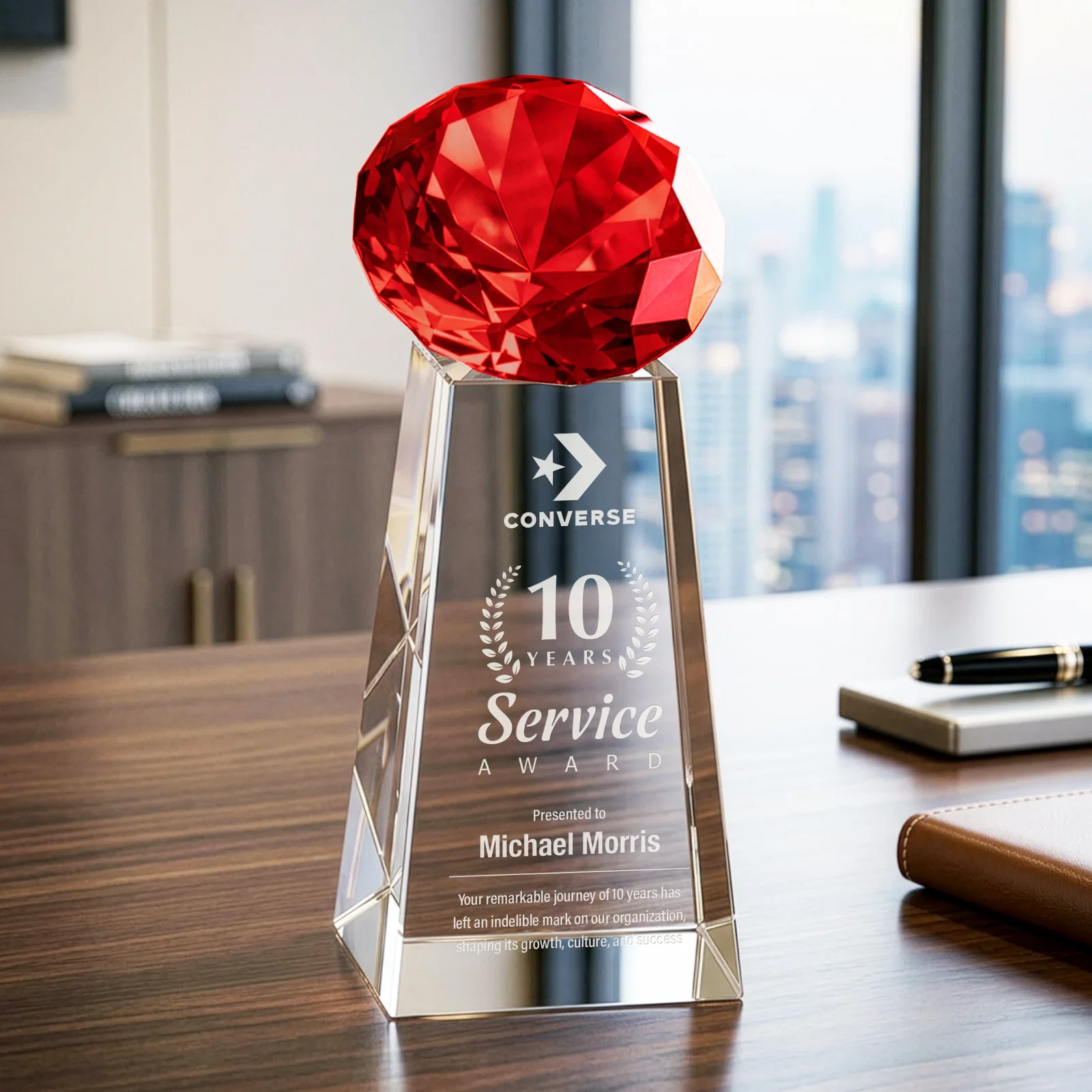Personalized Optical Crystal Gemstone Award with Ten Accent Color Choices for safety achievement programs