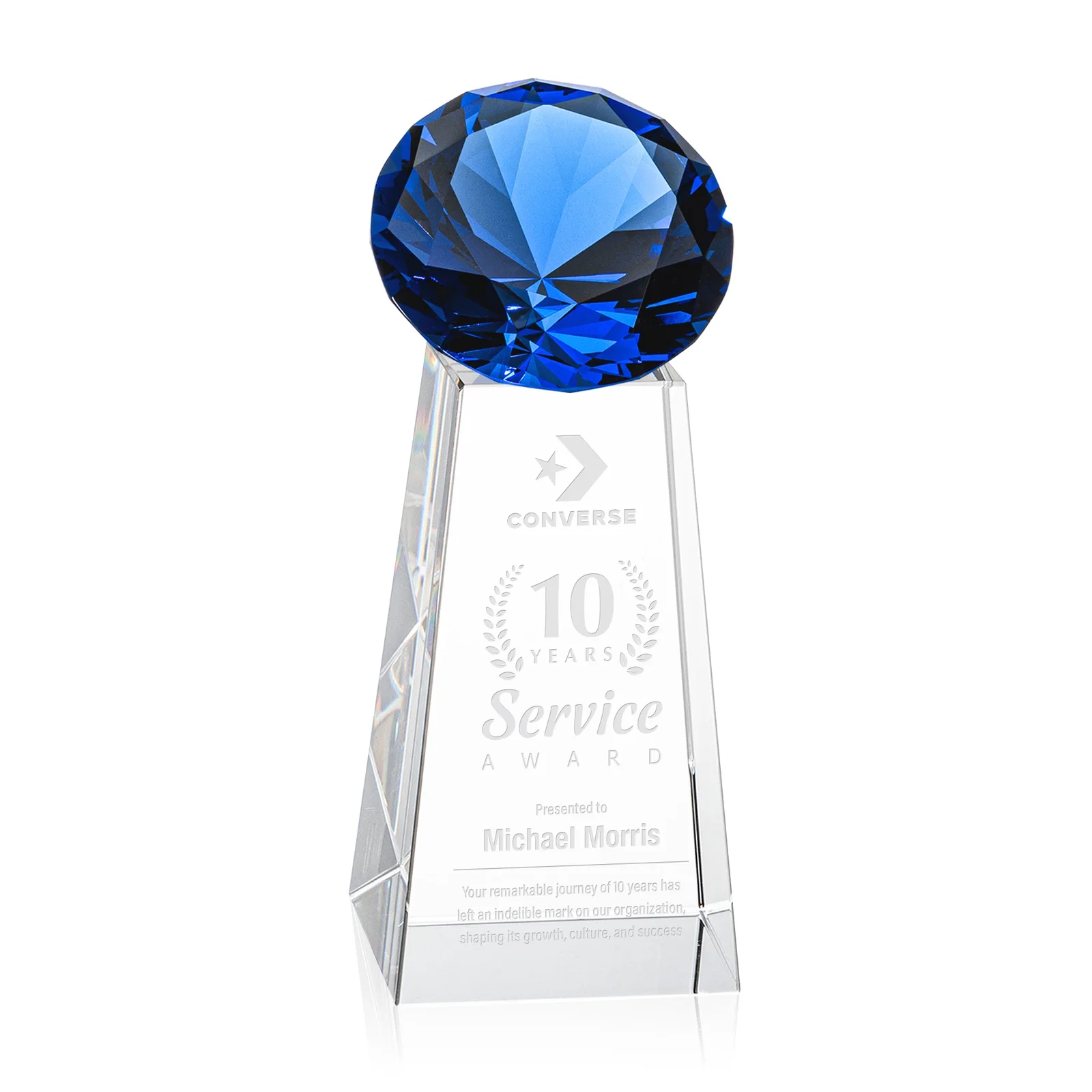 Personalized Optical Crystal Gemstone Award with Ten Accent Color Choices for company anniversary events