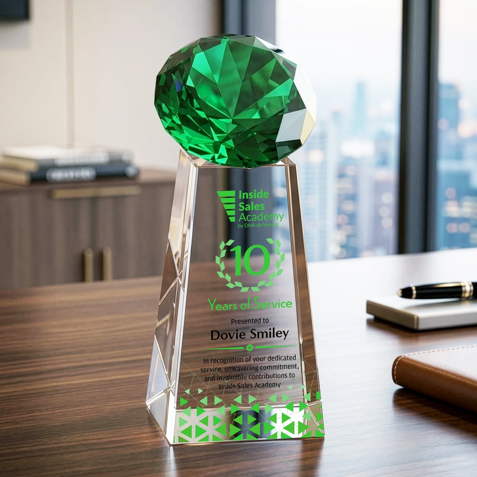 Branded Optical Crystal Gemstone Award with Ten Accent Color Choices for retirement presentations