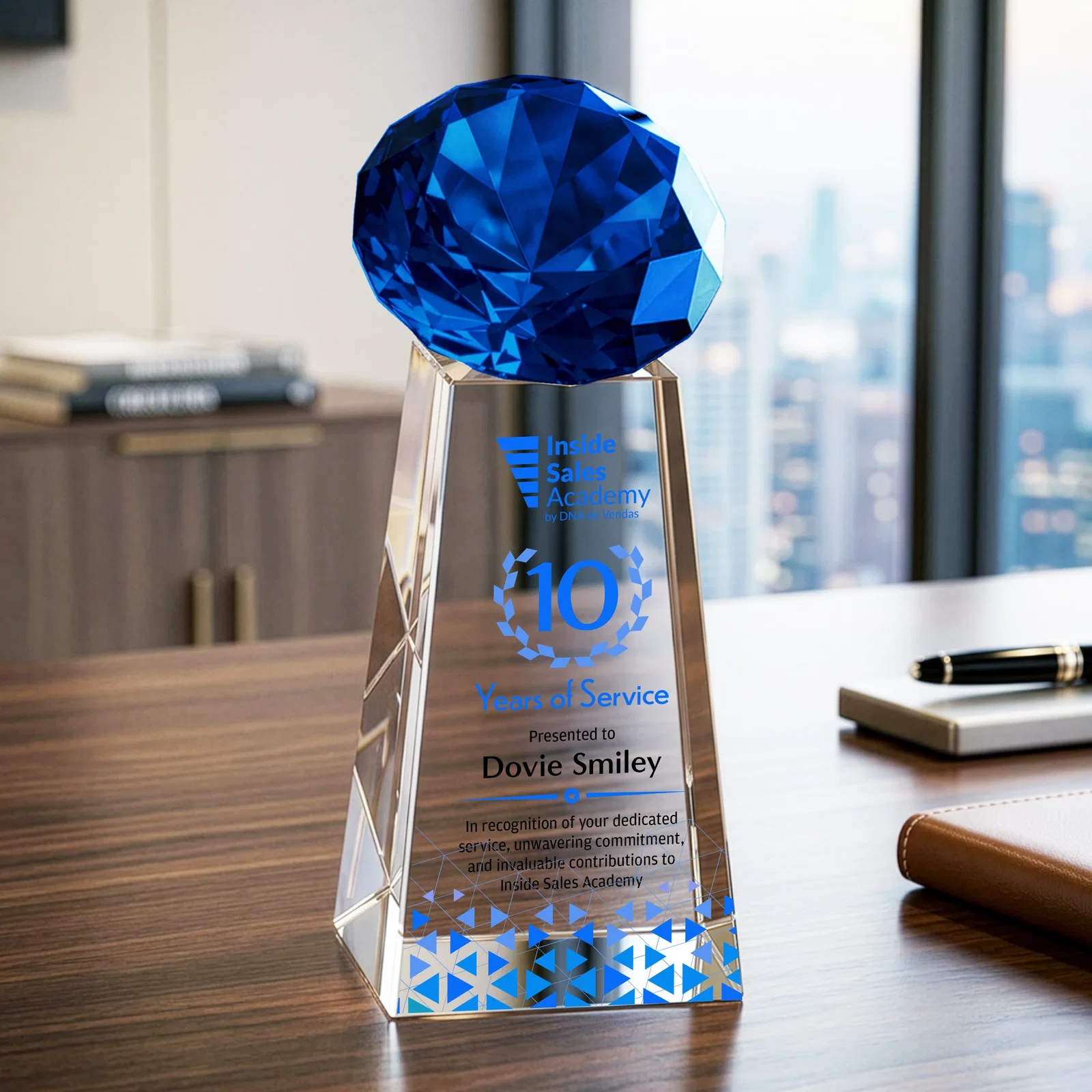 Custom printed Optical Crystal Gemstone Award with Ten Accent Color Choices for service anniversary gifts