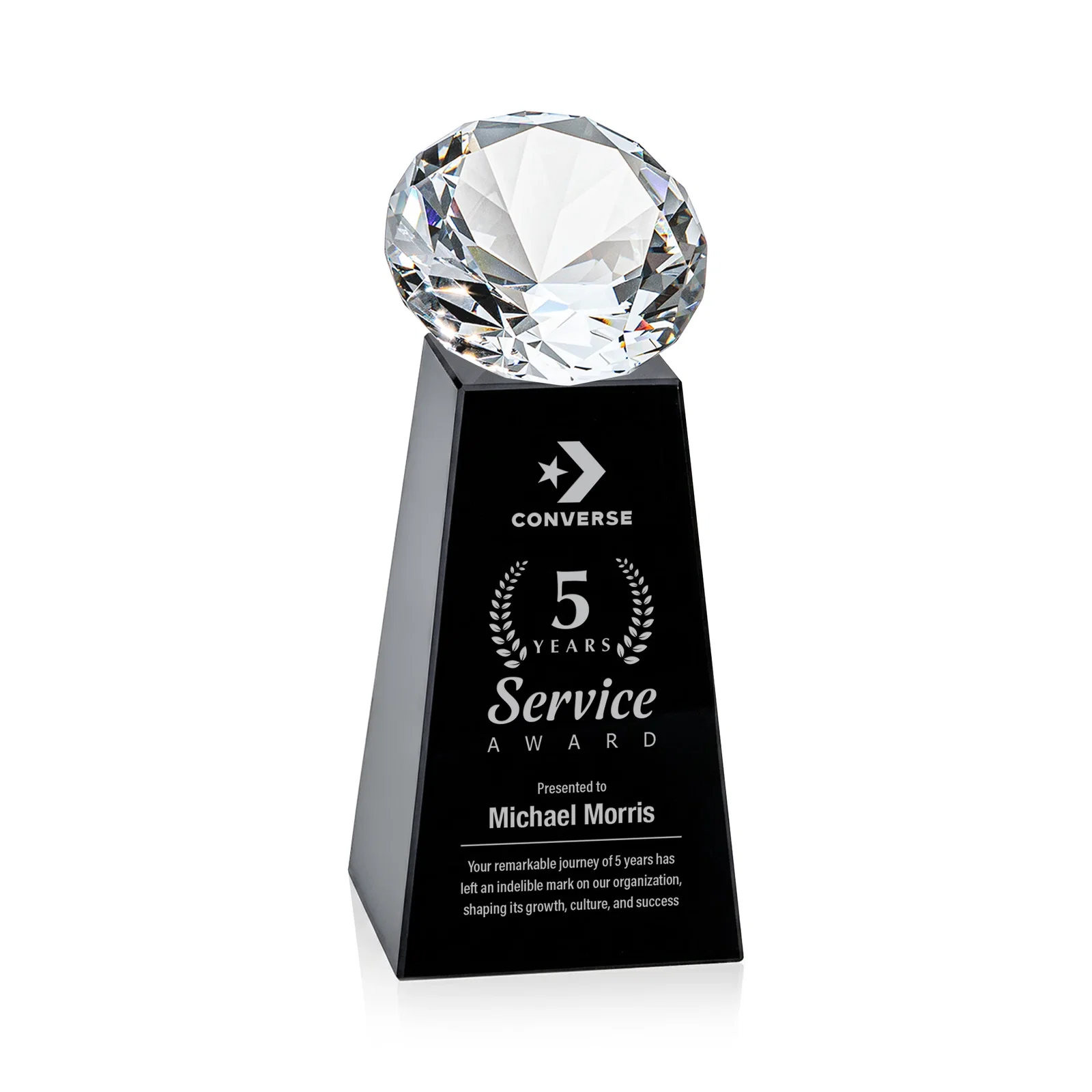 Custom printed Optical Crystal Gemstone Award with Ten Accent Color Choices for retirement presentations