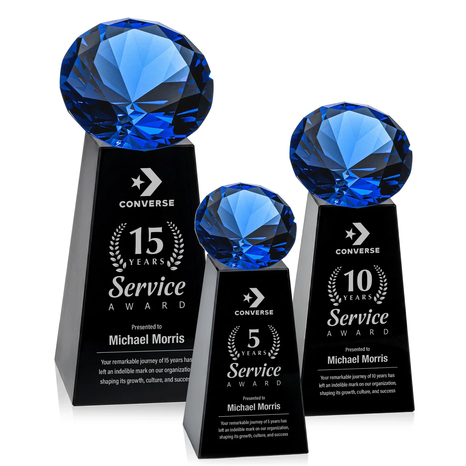 Custom engraved Optical Crystal Gemstone Award with Ten Accent Color Choices for employee recognition