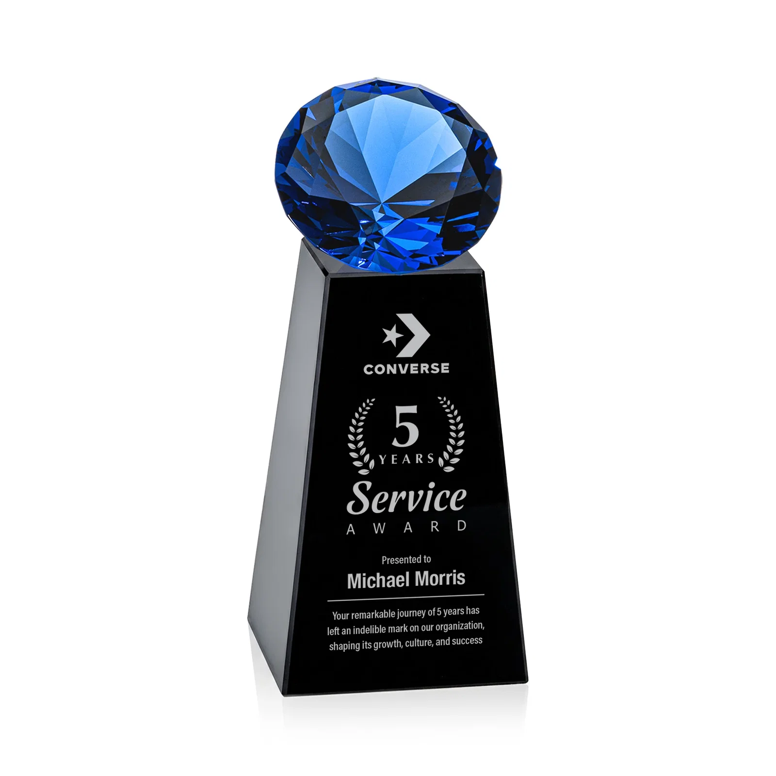 Custom engraved Optical Crystal Gemstone Award with Ten Accent Color Choices for corporate award ceremonies