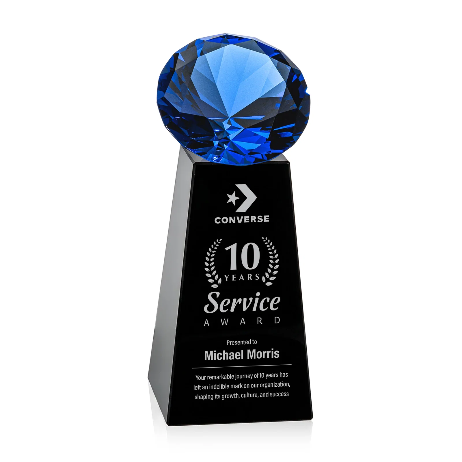 Custom engraved Optical Crystal Gemstone Award with Ten Accent Color Choices for service anniversary gifts