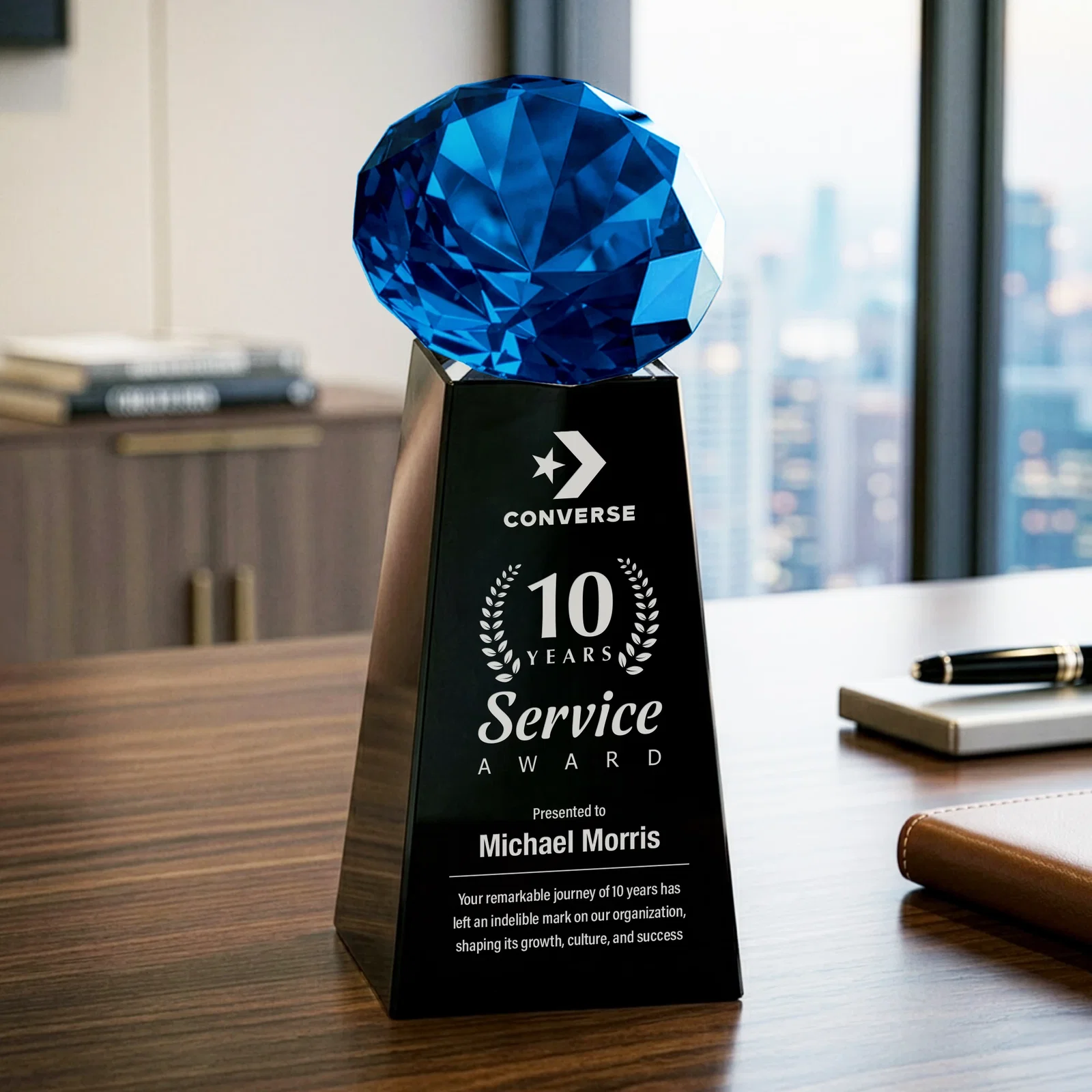 Custom engraved Optical Crystal Gemstone Award with Ten Accent Color Choices for retirement presentations