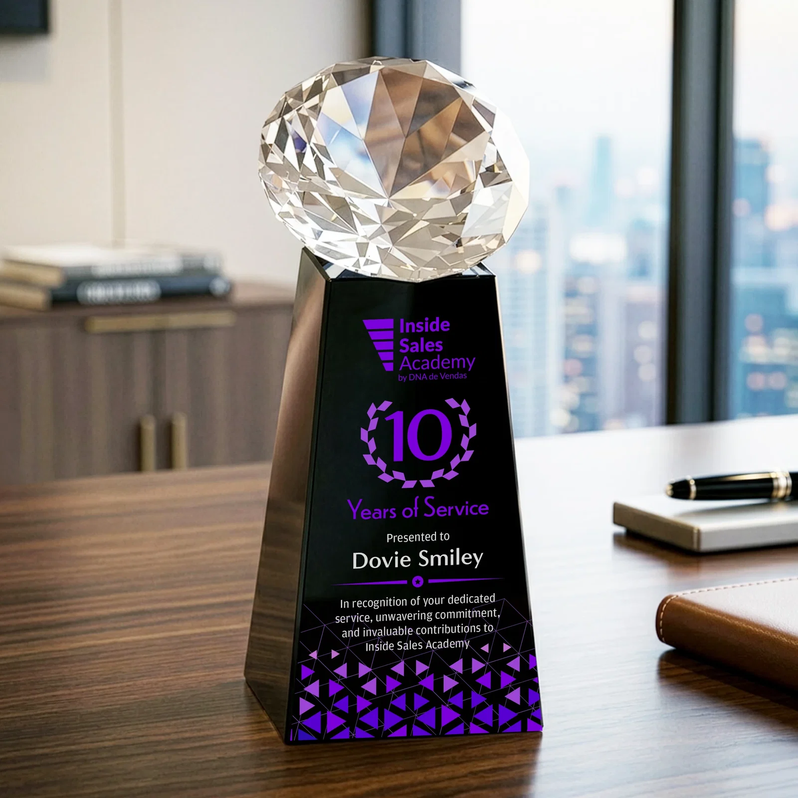 Custom engraved Optical Crystal Gemstone Award with Ten Accent Color Choices for volunteer appreciation