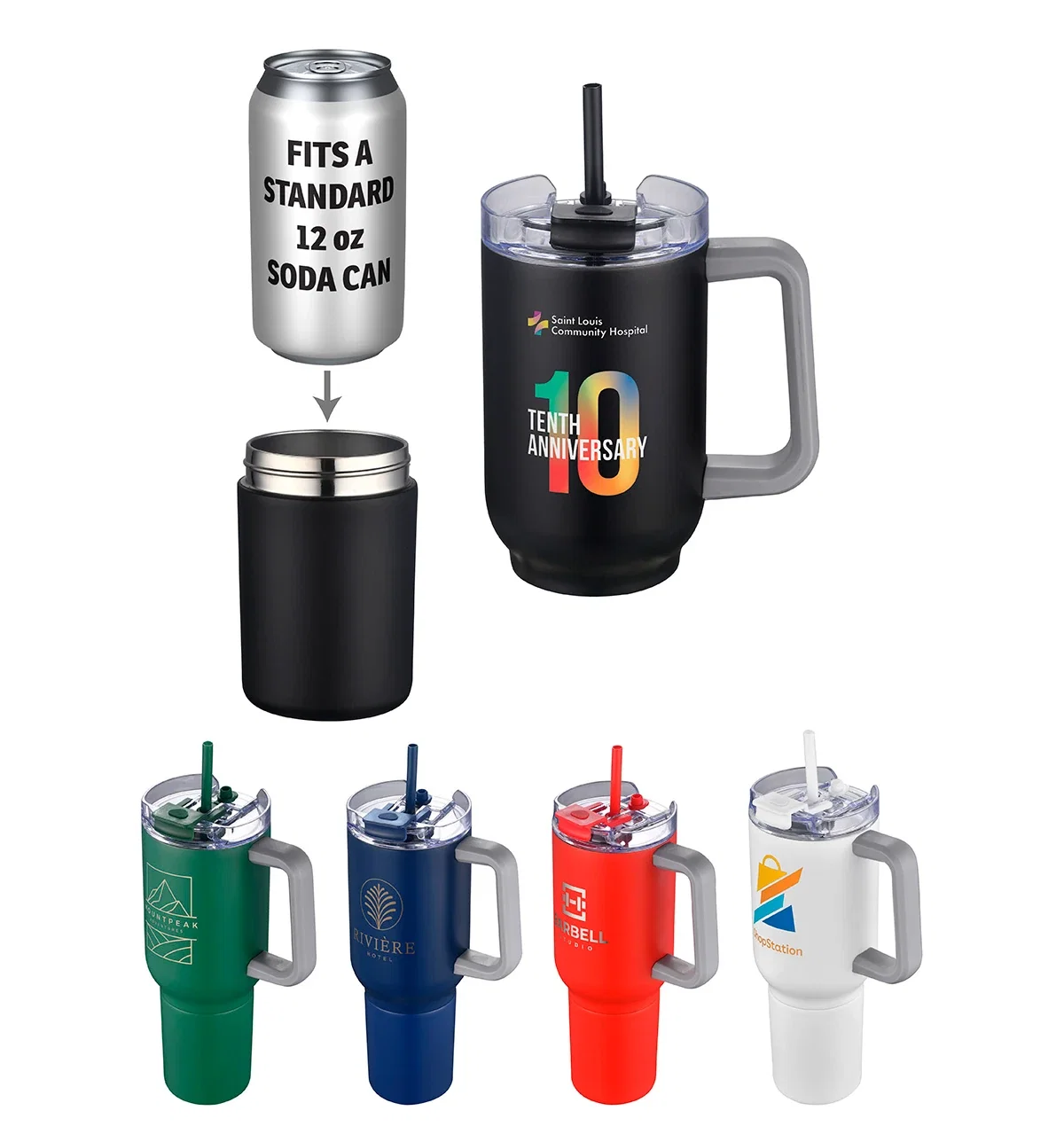 Novo Combo 20 oz travel mug and can cooler with custom logo, hero view