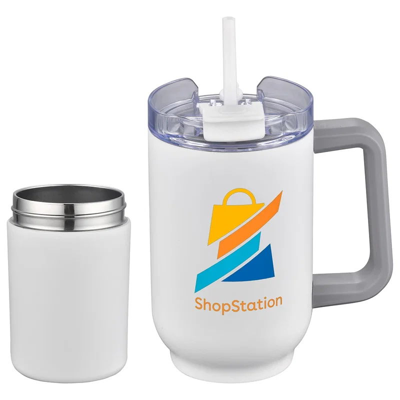 Novo Combo branded mug and can cooler, full set view