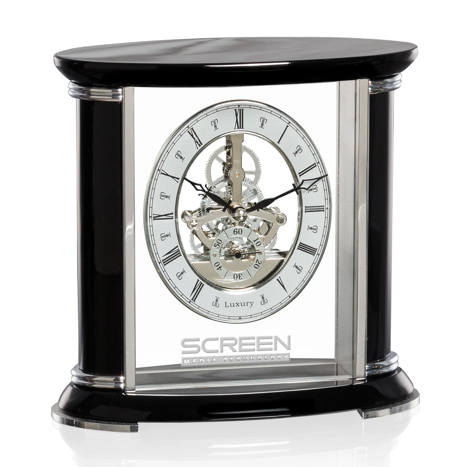 Custom Piano Finish Desk Clock With Silver Skeleton and Aluminum Accents for employee recognition