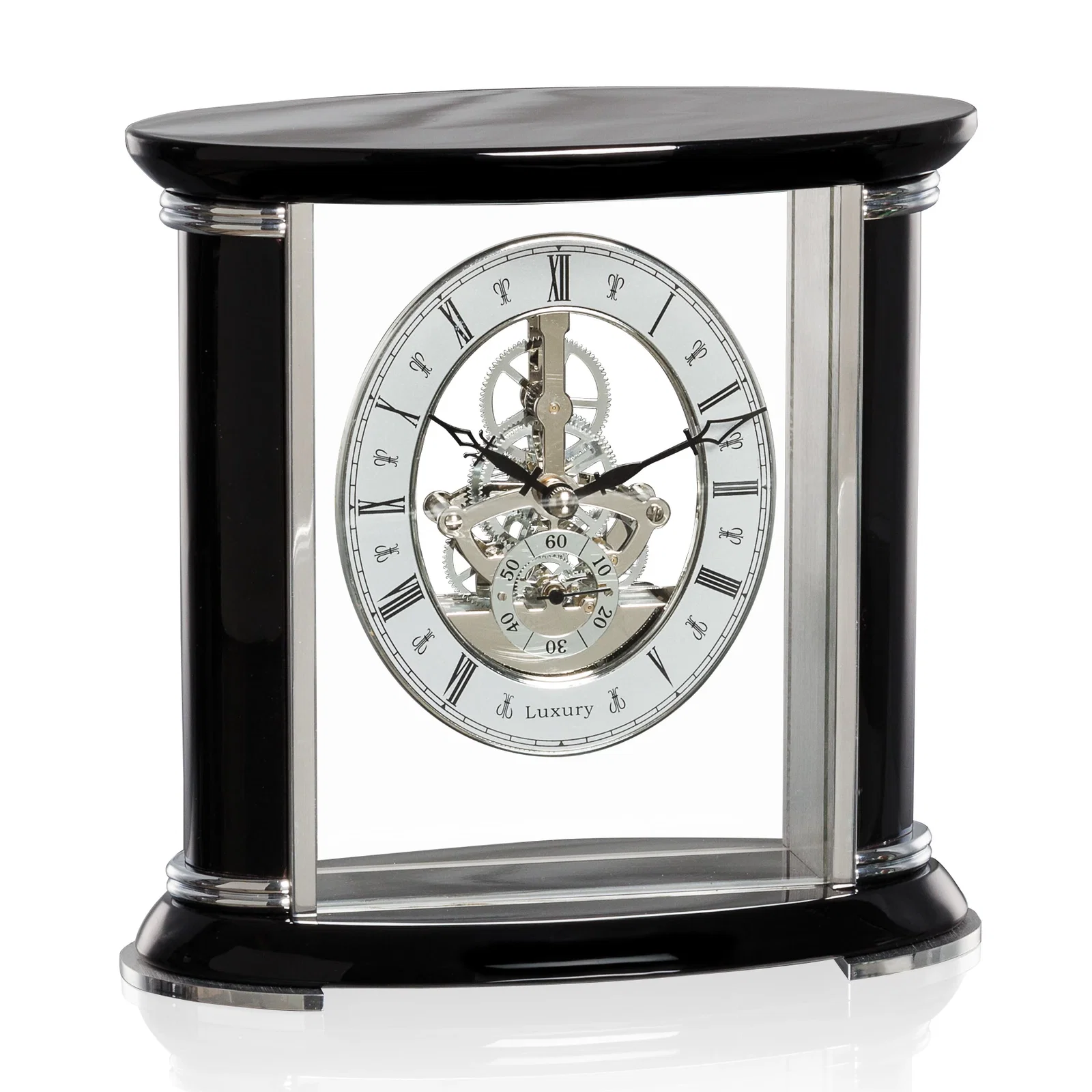 Custom Piano Finish Desk Clock With Silver Skeleton and Aluminum Accents for corporate award ceremonies