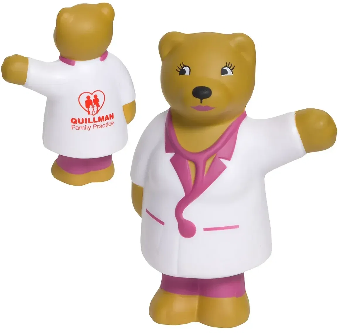 Nurse bear custom stress reliever, branded promotional squeeze toy for healthcare logo giveaways