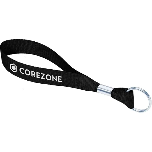 Nylon web wristlet keychain strap worn on wrist, 3/4-inch promotional key strap