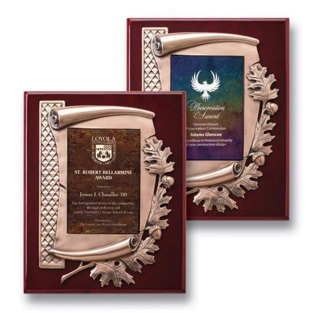 Custom Antique Bronze Oak Leaf Scroll Plaque With Art Glass Insert for employee recognition