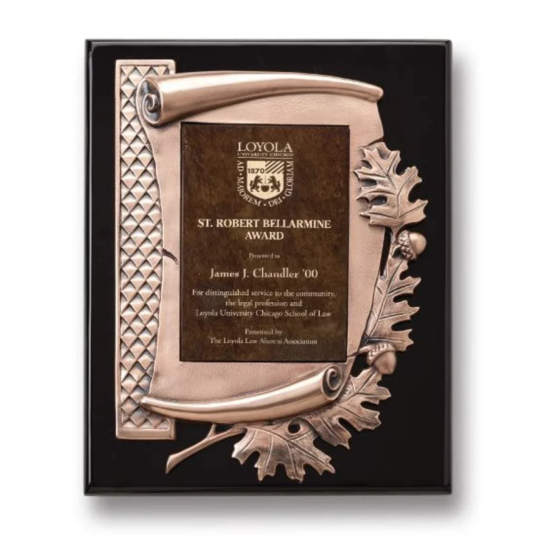 Custom Antique Bronze Oak Leaf Scroll Plaque With Art Glass Insert for corporate award ceremonies