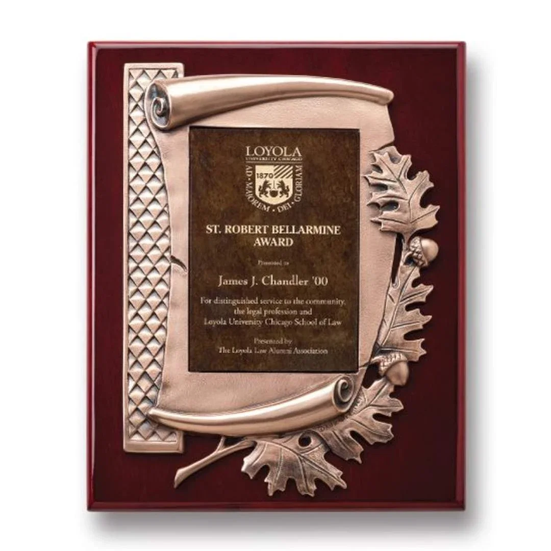 Custom Antique Bronze Oak Leaf Scroll Plaque With Art Glass Insert for service anniversary gifts