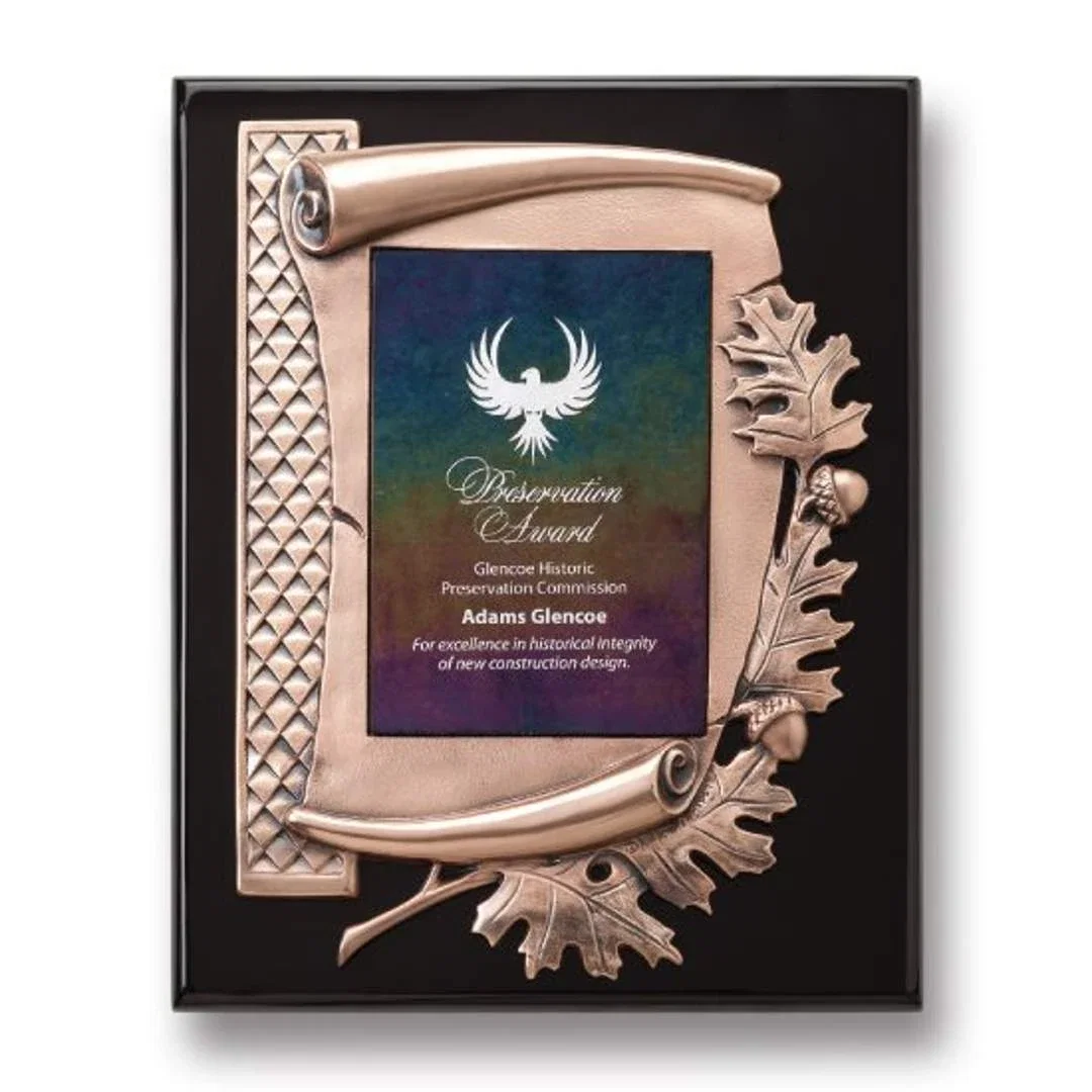 Custom Antique Bronze Oak Leaf Scroll Plaque With Art Glass Insert for sales achievement awards