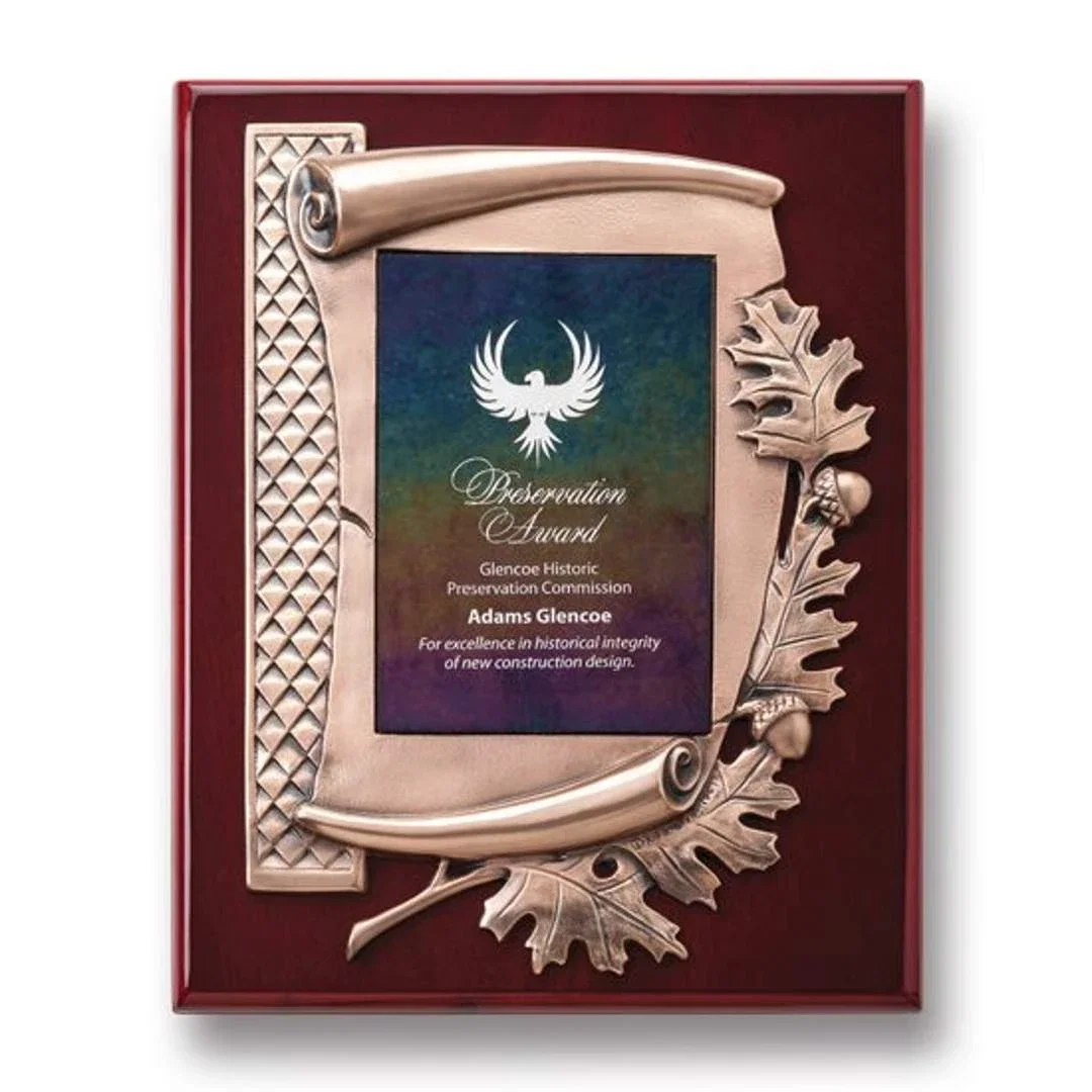 Custom Antique Bronze Oak Leaf Scroll Plaque With Art Glass Insert for retirement presentations