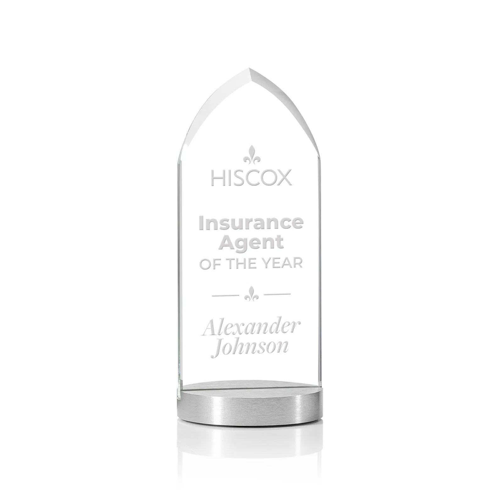 Custom Starfire Crystal Award With a Pointed Top on an Aluminum Base, metal awards for volunteer appreciation