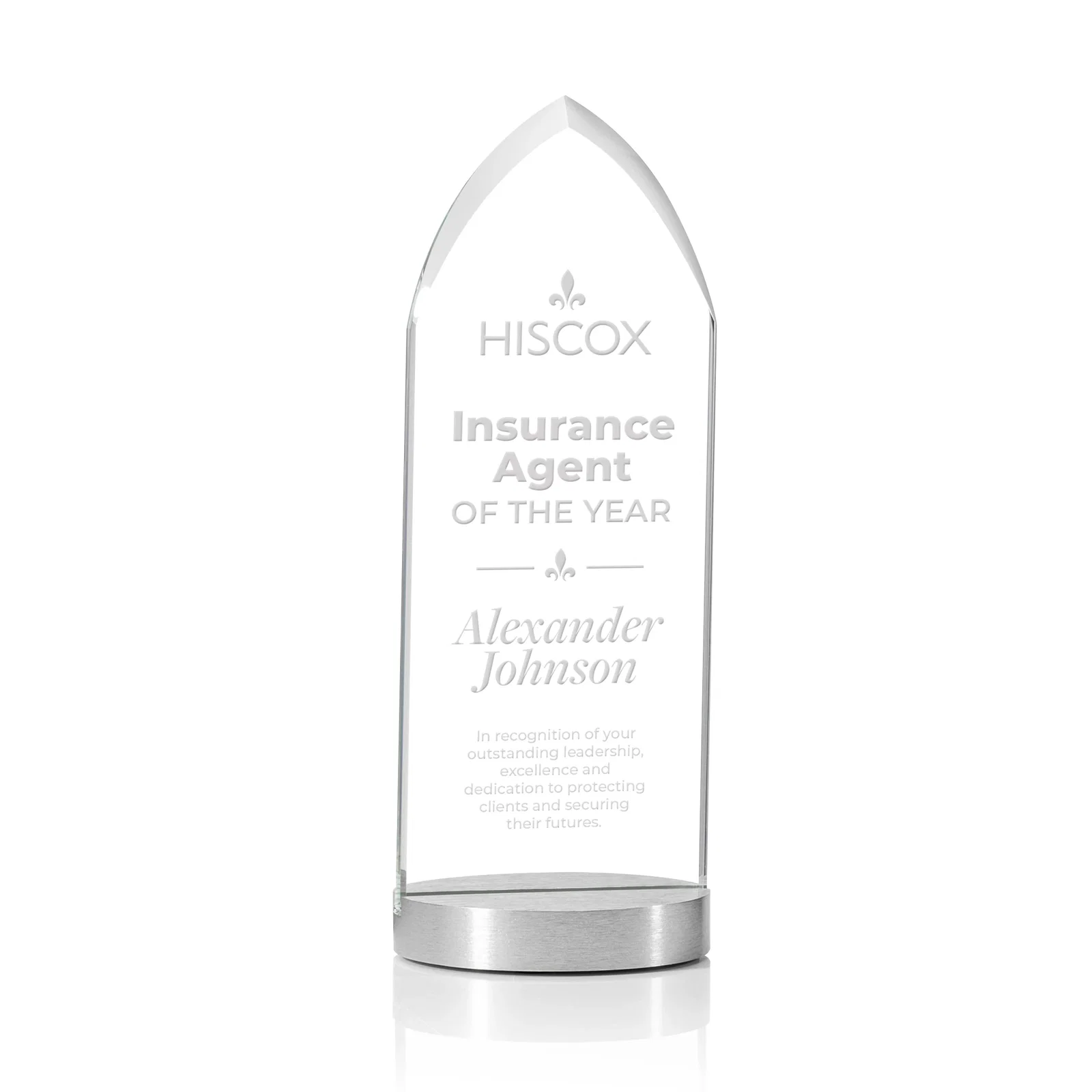 Custom Starfire Crystal Award With a Pointed Top on an Aluminum Base, metal awards for dealer and partner awards