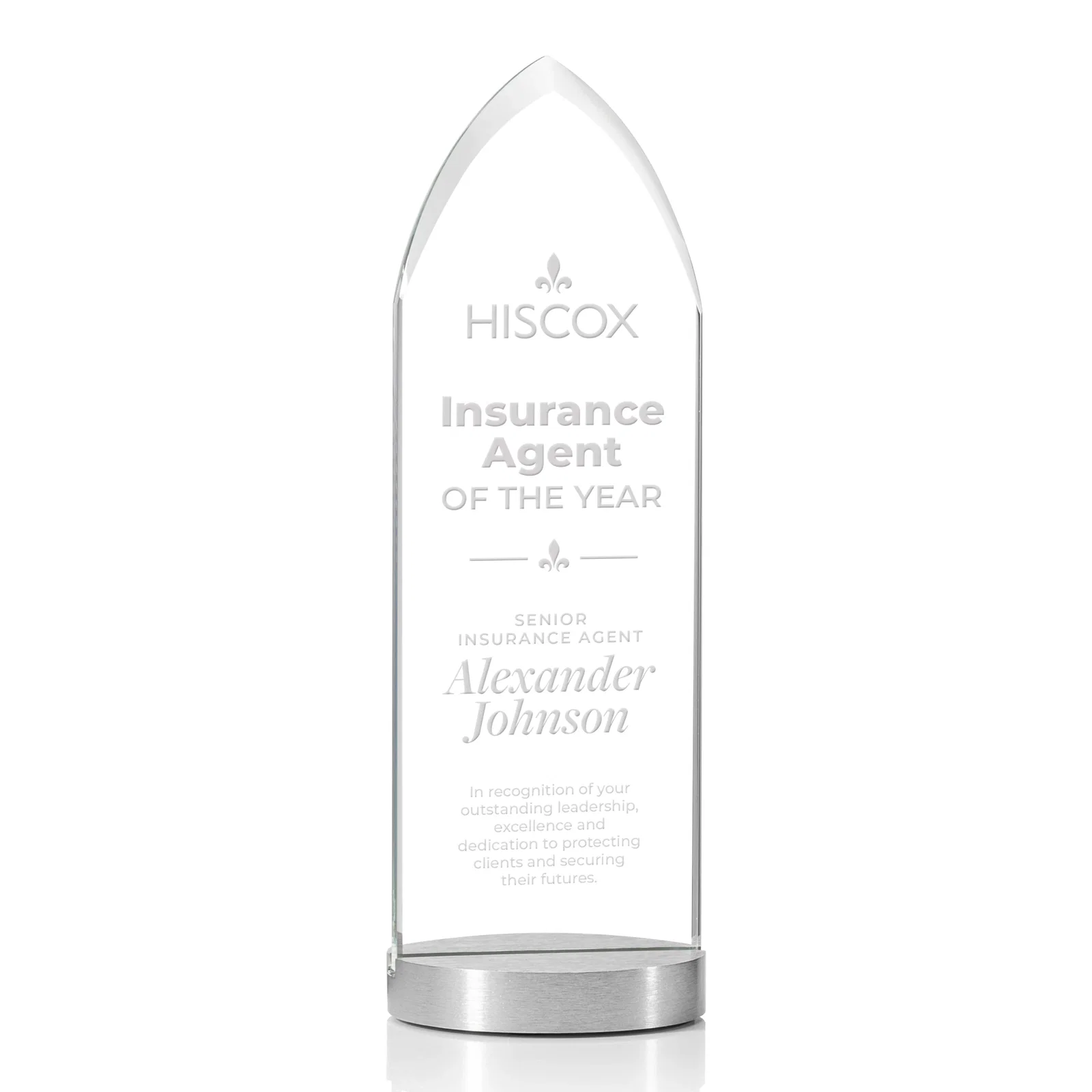 Custom Starfire Crystal Award With a Pointed Top on an Aluminum Base, metal awards for company anniversary events