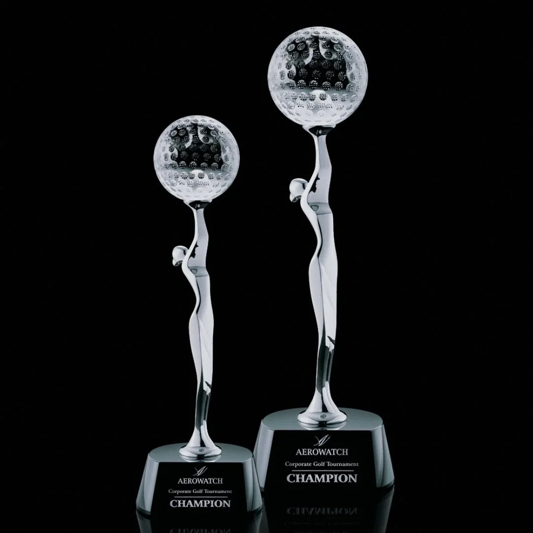Custom Cast Metal Golfer Figure Award Holding Crystal Ball Overhead for employee recognition