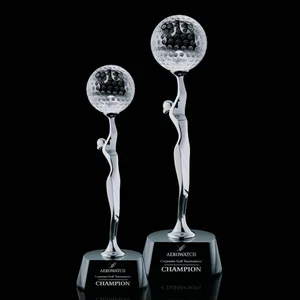 Cast Metal Golfer Figure Award Holding Crystal Ball Overhead