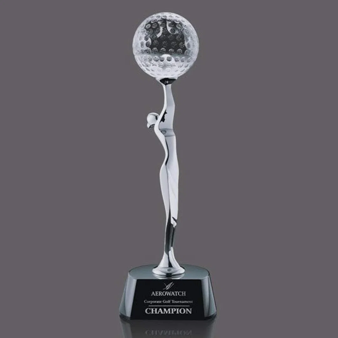 Custom Cast Metal Golfer Figure Award Holding Crystal Ball Overhead for corporate award ceremonies