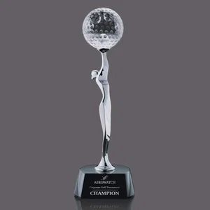 Cast Metal Golfer Figure Award Holding Crystal Ball Overhead