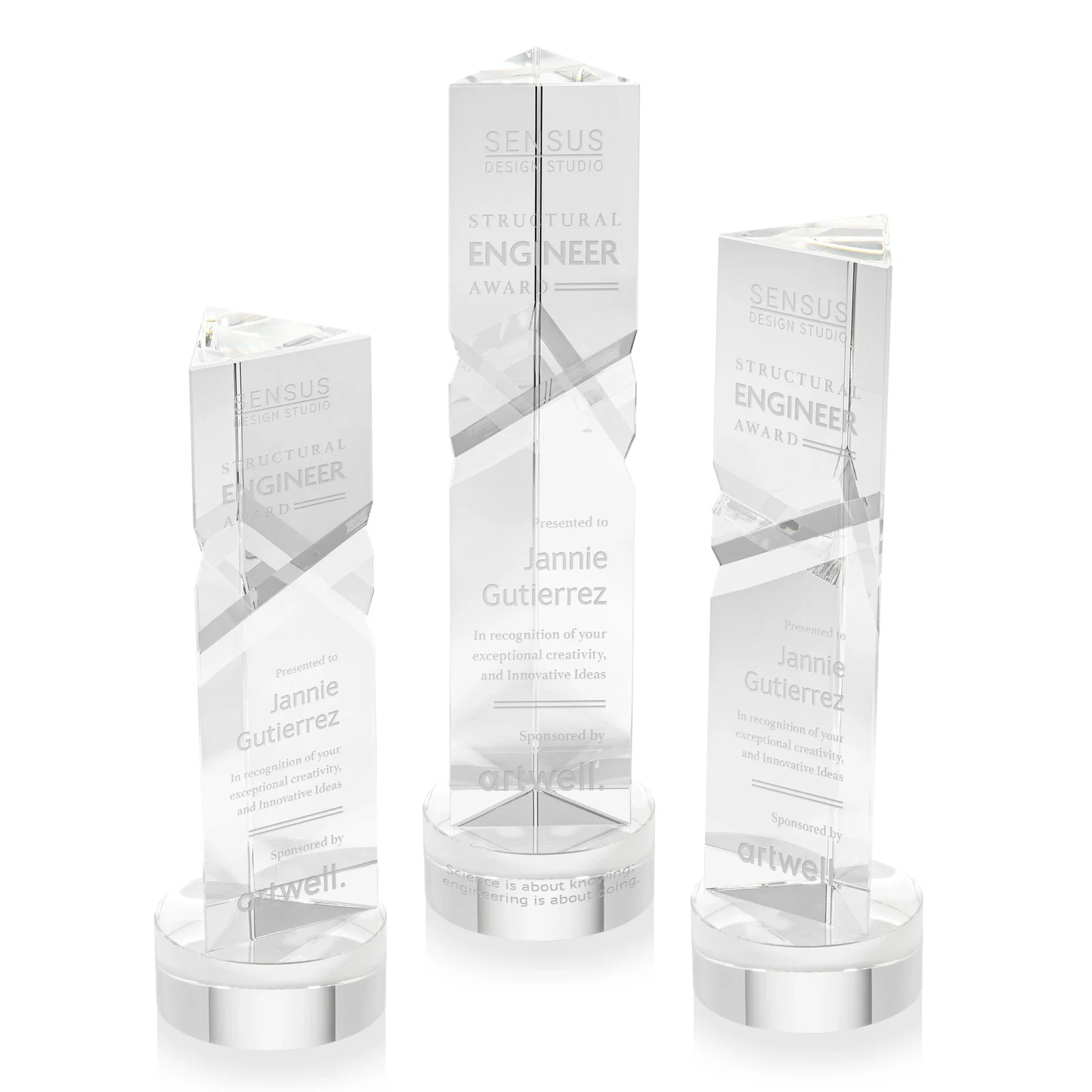 Custom Optical Crystal Pyramid Award with Deep Interchanging Facets for employee recognition