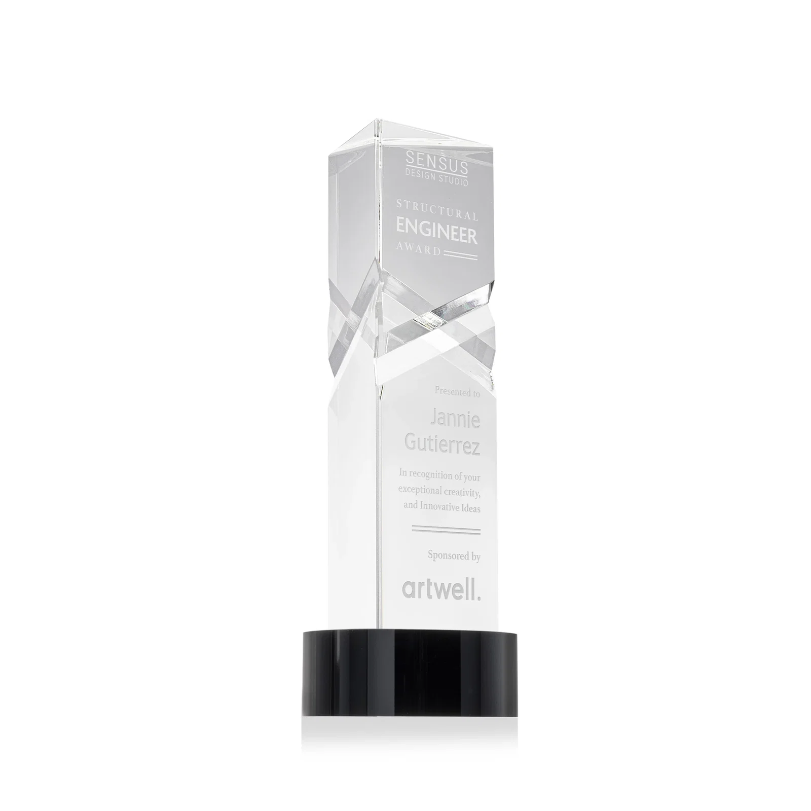 Custom Optical Crystal Pyramid Award with Deep Interchanging Facets for dealer and partner awards
