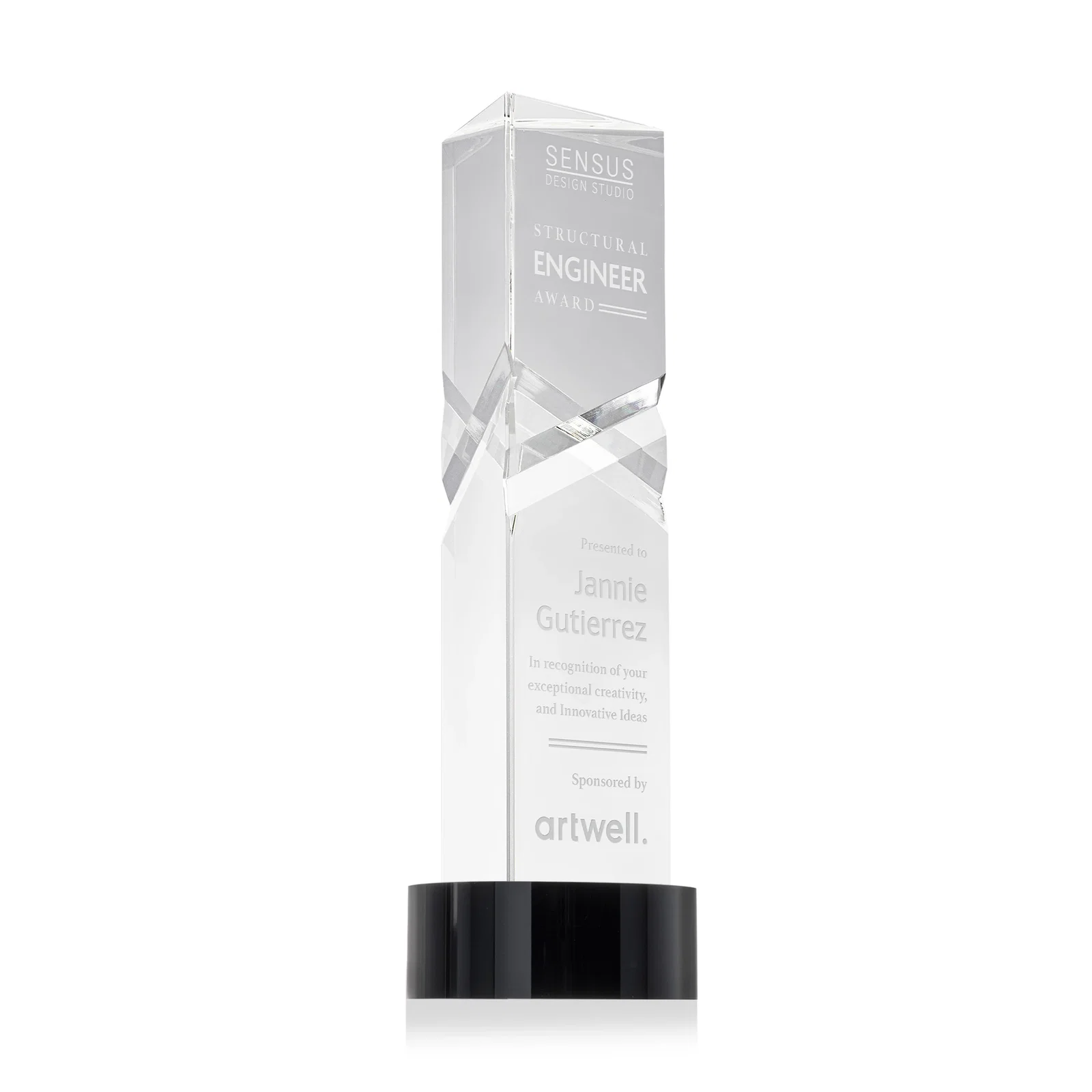 Custom Optical Crystal Pyramid Award with Deep Interchanging Facets for company anniversary events