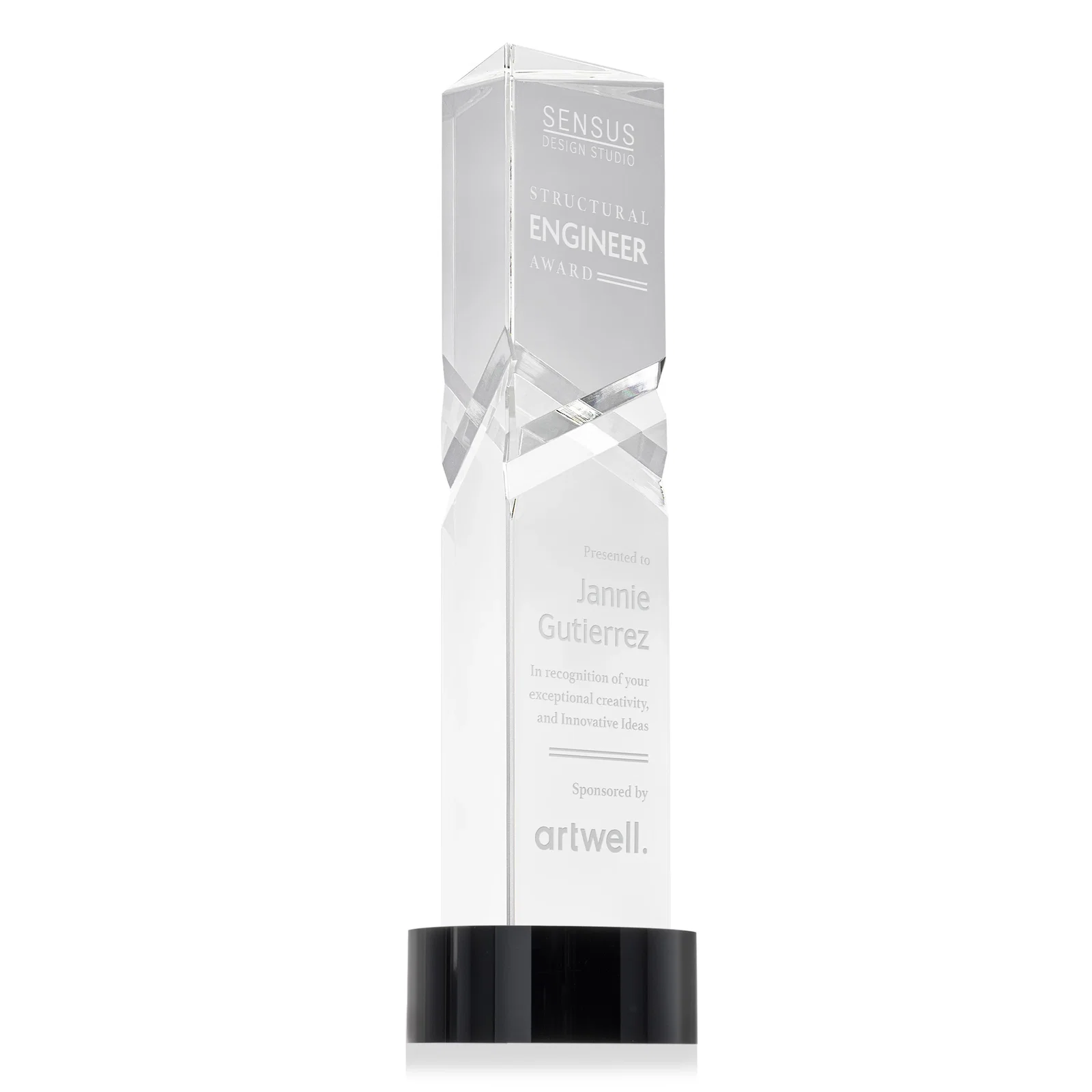 Personalized Optical Crystal Pyramid Award with Deep Interchanging Facets for employee recognition