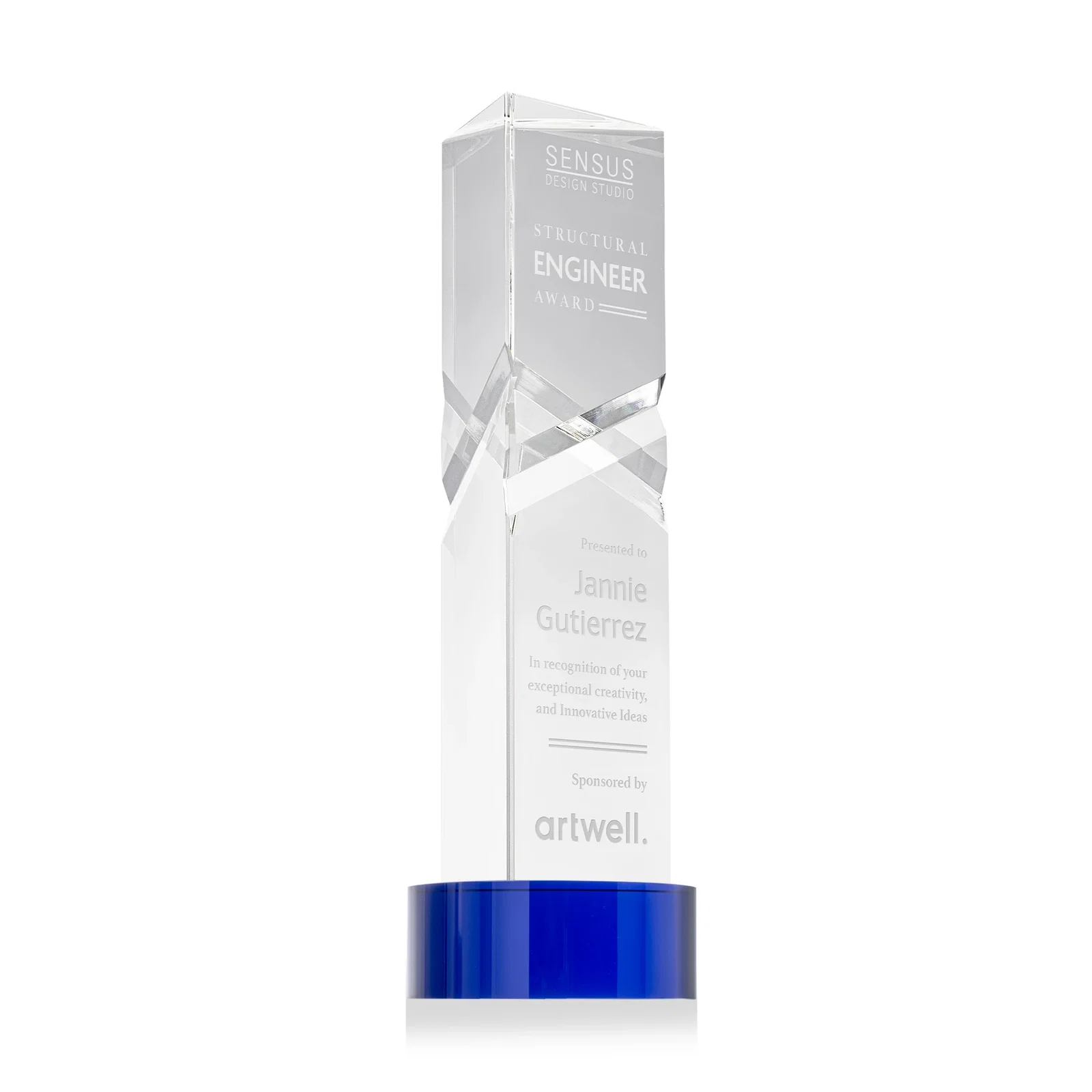 Personalized Optical Crystal Pyramid Award with Deep Interchanging Facets for sales achievement awards