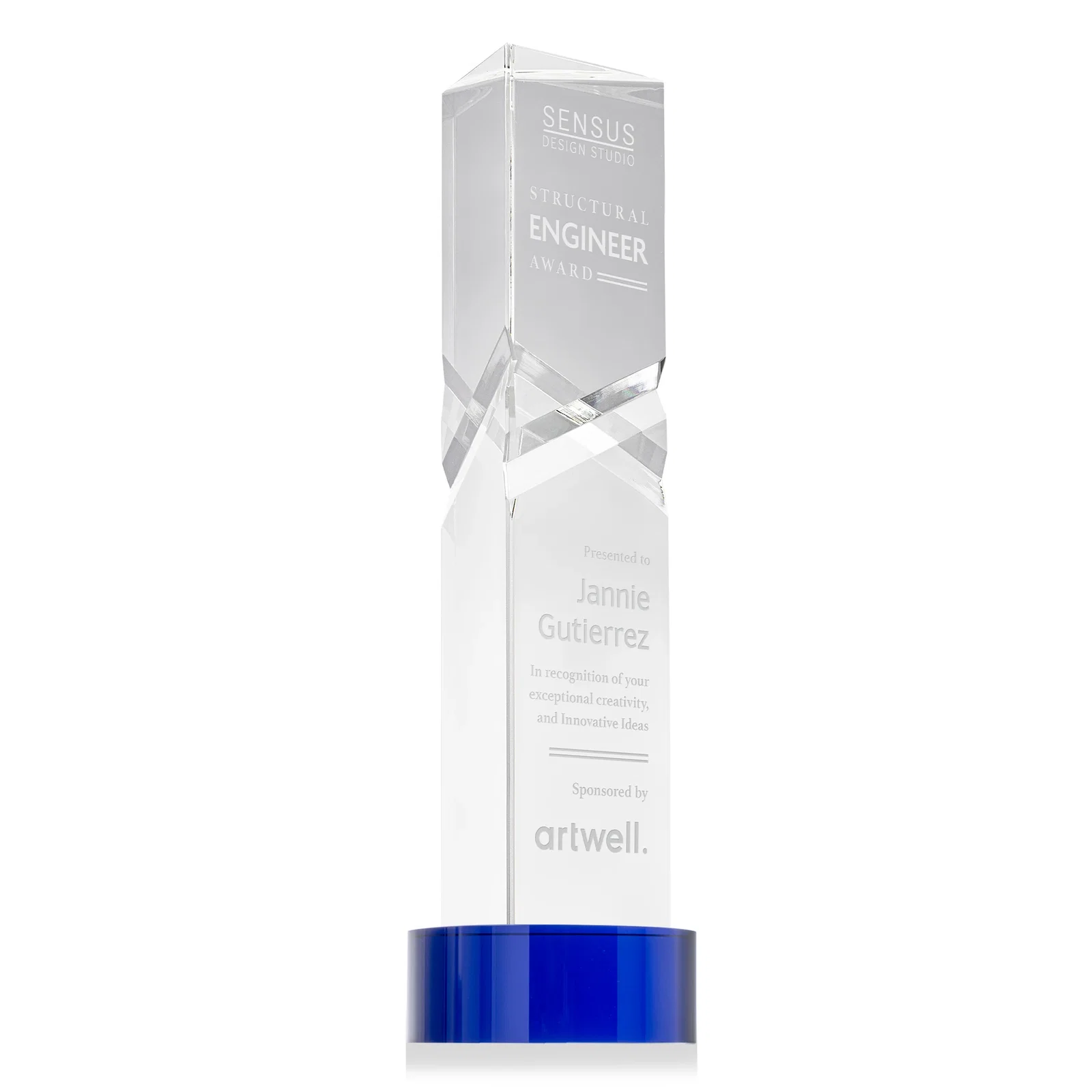 Personalized Optical Crystal Pyramid Award with Deep Interchanging Facets for retirement presentations