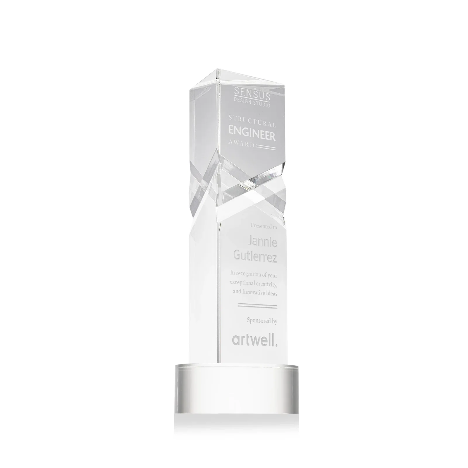 Custom Optical Crystal Pyramid Award with Deep Interchanging Facets for corporate award ceremonies