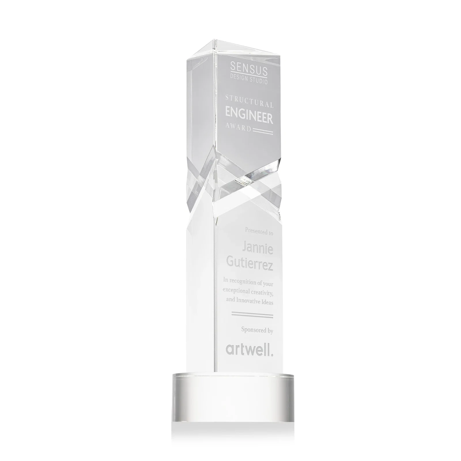 Custom Optical Crystal Pyramid Award with Deep Interchanging Facets for service anniversary gifts