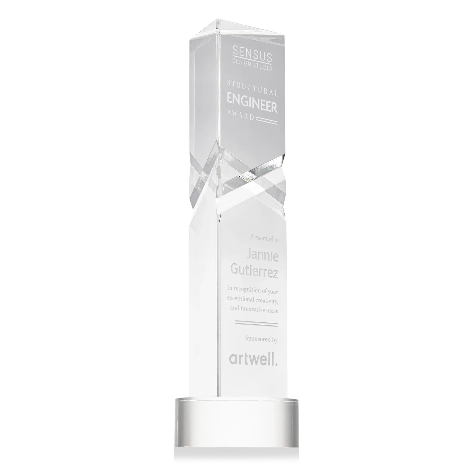 Custom Optical Crystal Pyramid Award with Deep Interchanging Facets for sales achievement awards
