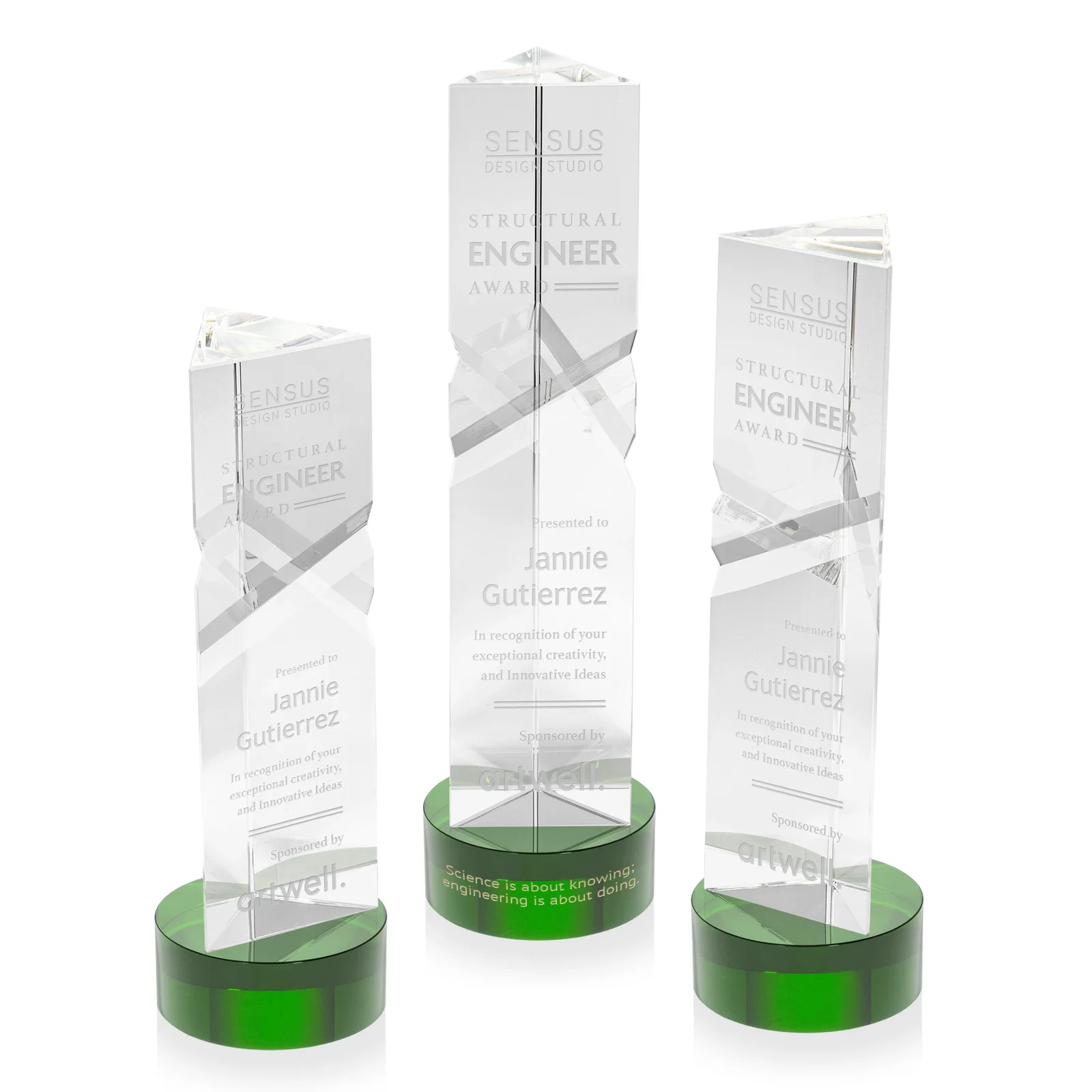Custom Optical Crystal Pyramid Award with Deep Interchanging Facets for retirement presentations