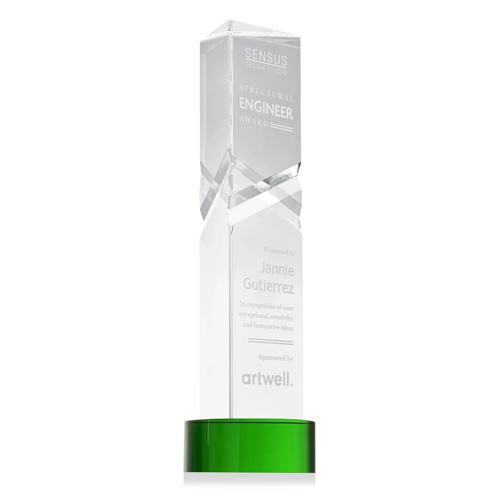 Custom Optical Crystal Pyramid Award with Deep Interchanging Facets for graduation ceremonies