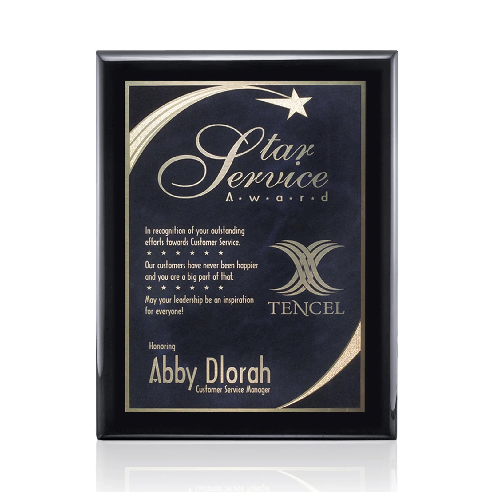Custom Black Piano Finish Plaque with Gold Accent Plate for corporate award ceremonies