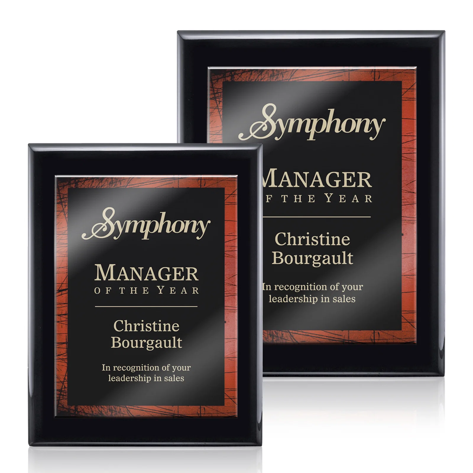 Custom Black Piano Finish Plaque with Red Acrylic Bordered Plate for employee recognition