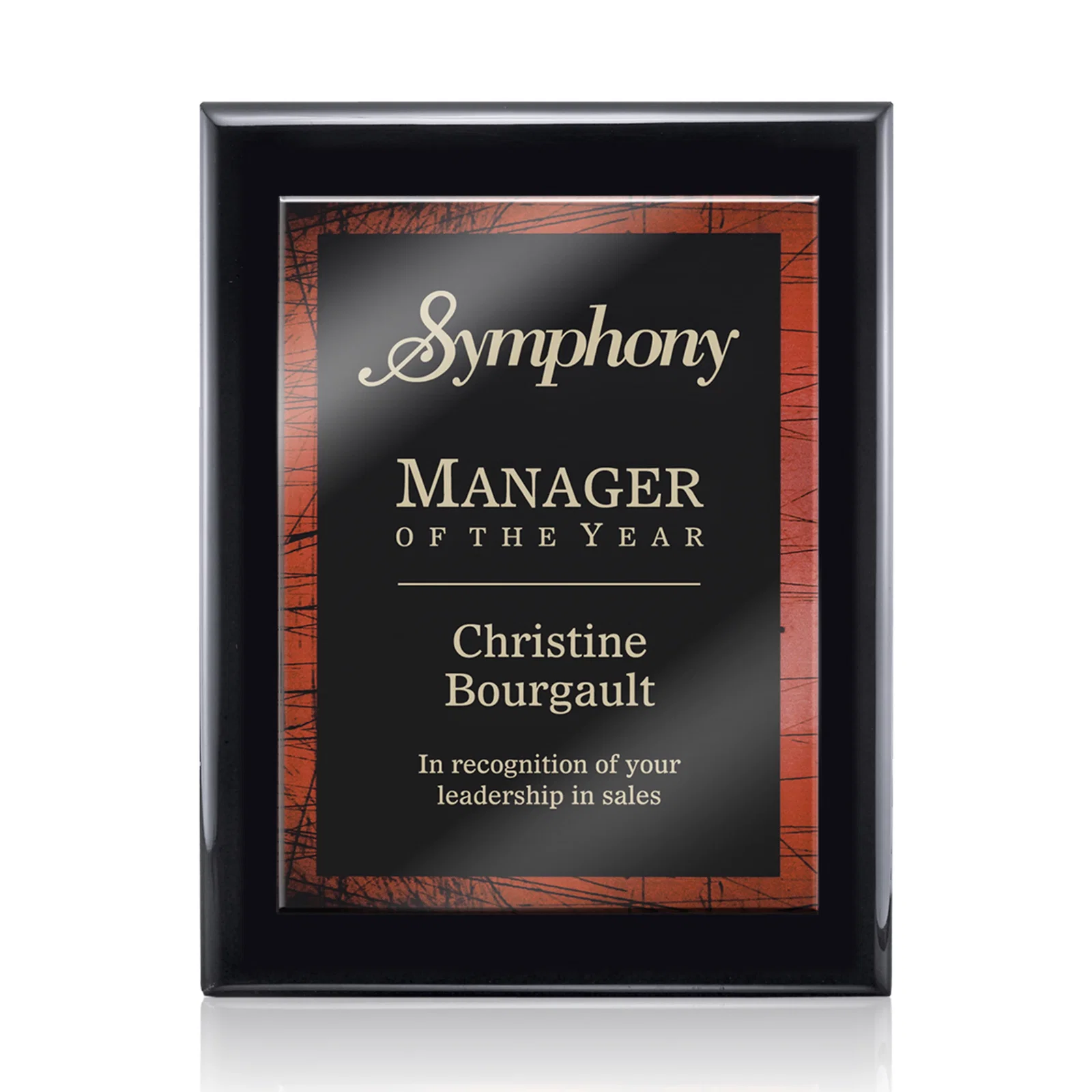 Custom Black Piano Finish Plaque with Red Acrylic Bordered Plate for corporate award ceremonies