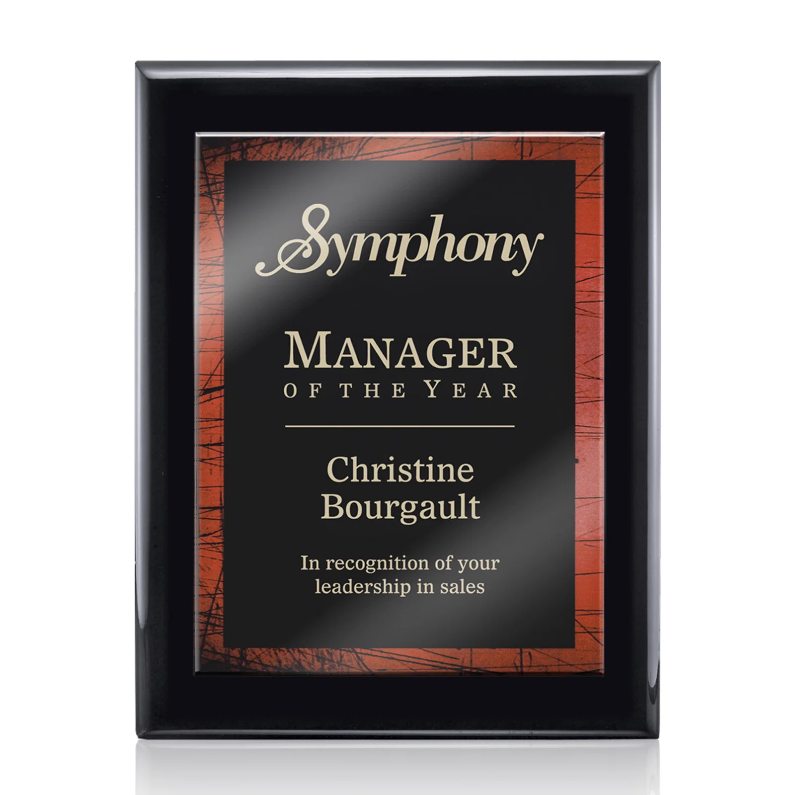Custom Black Piano Finish Plaque with Red Acrylic Bordered Plate for service anniversary gifts